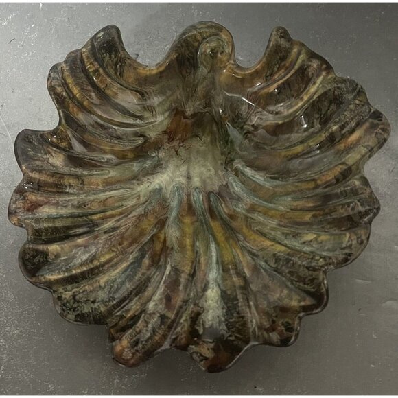 Vtg Ruffled Dish Marbled Brown Tan‎ Glaze Decorative MCM Signed Art Pottery USA - Picture 1 of 8